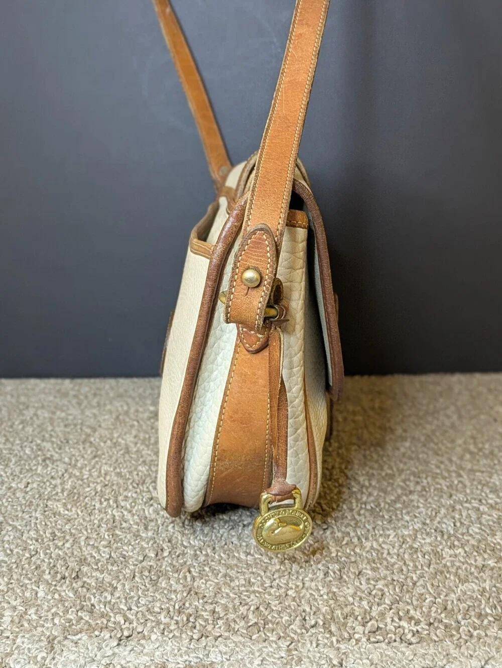 Dooney Bourke Large Equestrian Crossbody Bag Vintage Bone British Tan Leather